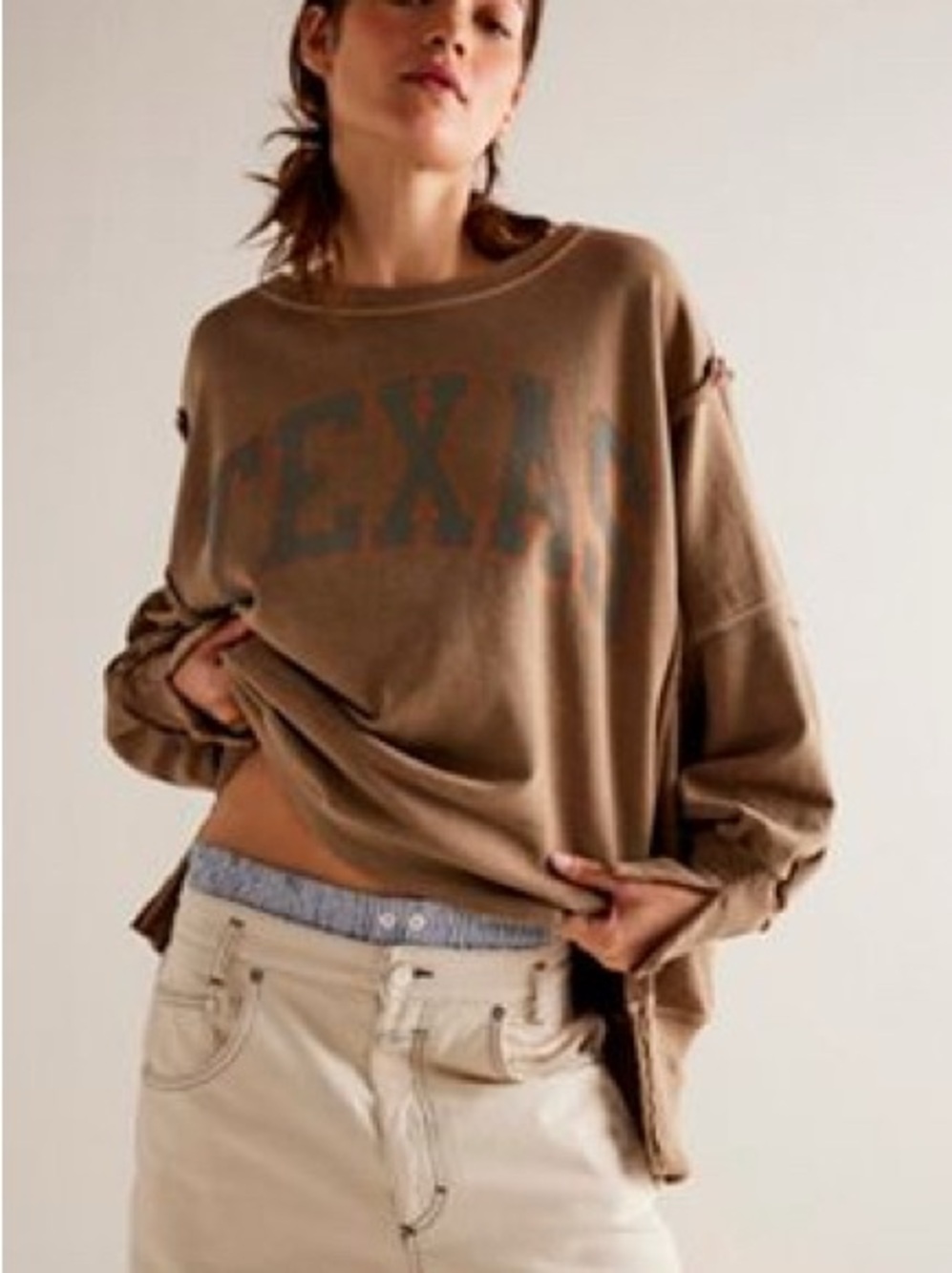 Free People Brown Oversized 'TEXAS' Graphic Sweatshirt